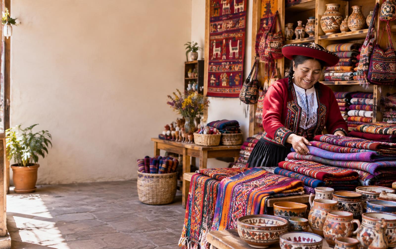 Artesana peruana con tejidos y cerámica en su tienda